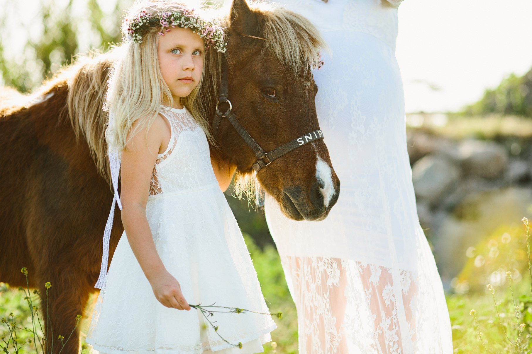 A maternity photography session in california with mother daughter their horse and a creek