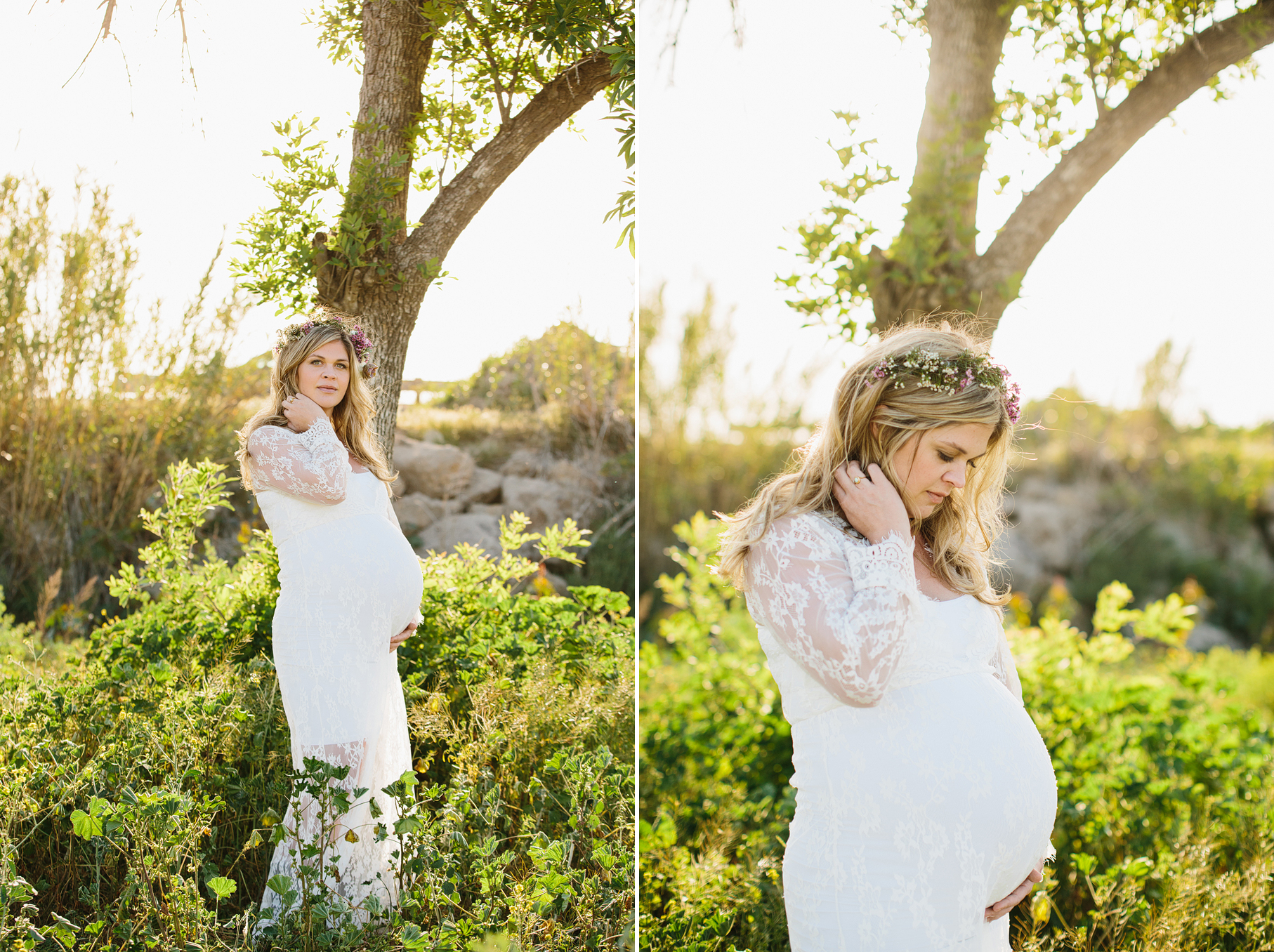 A maternity photography session in california with mother daughter their horse and a creek