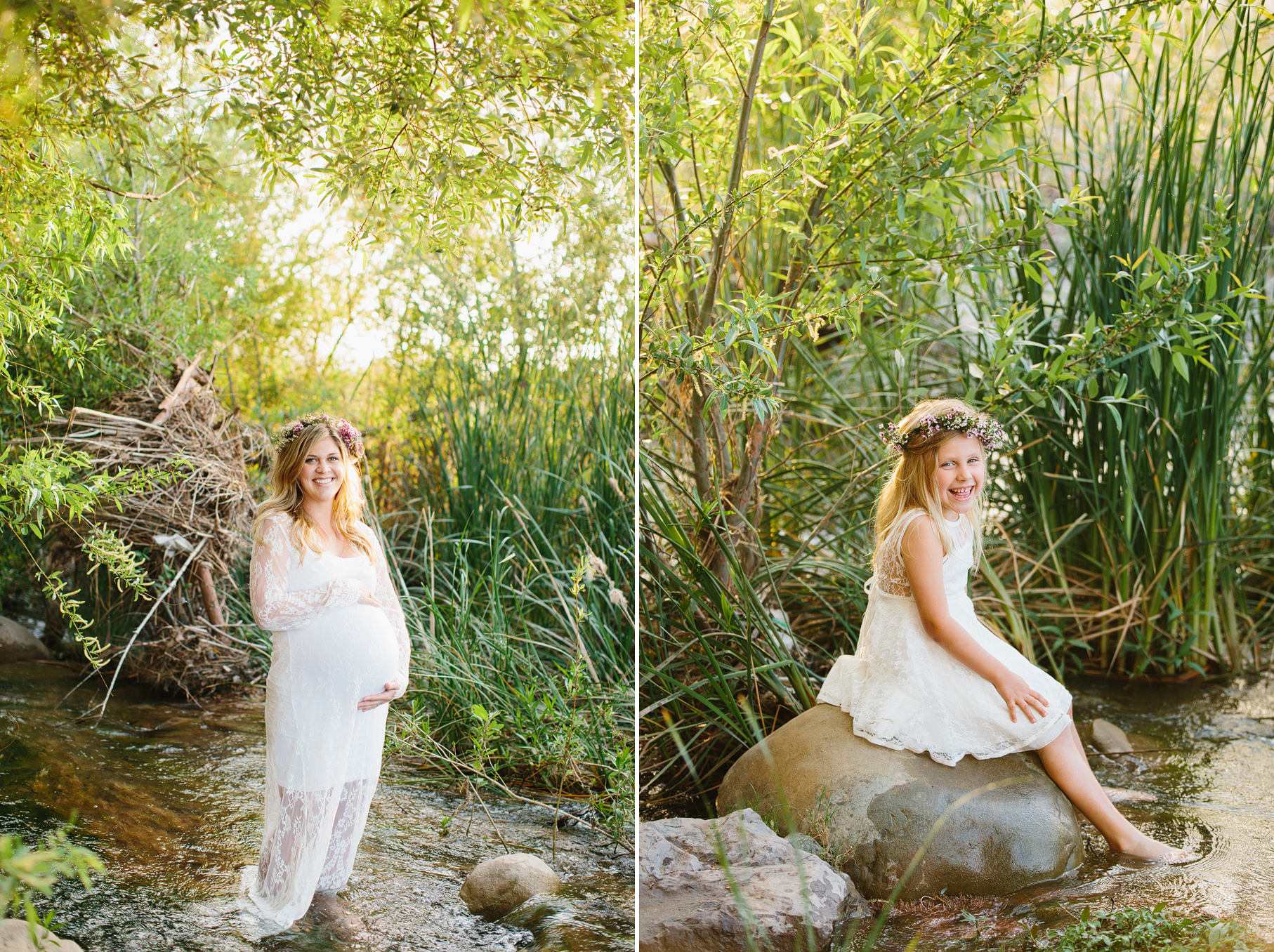 A maternity photography session in california with mother daughter their horse and a creek