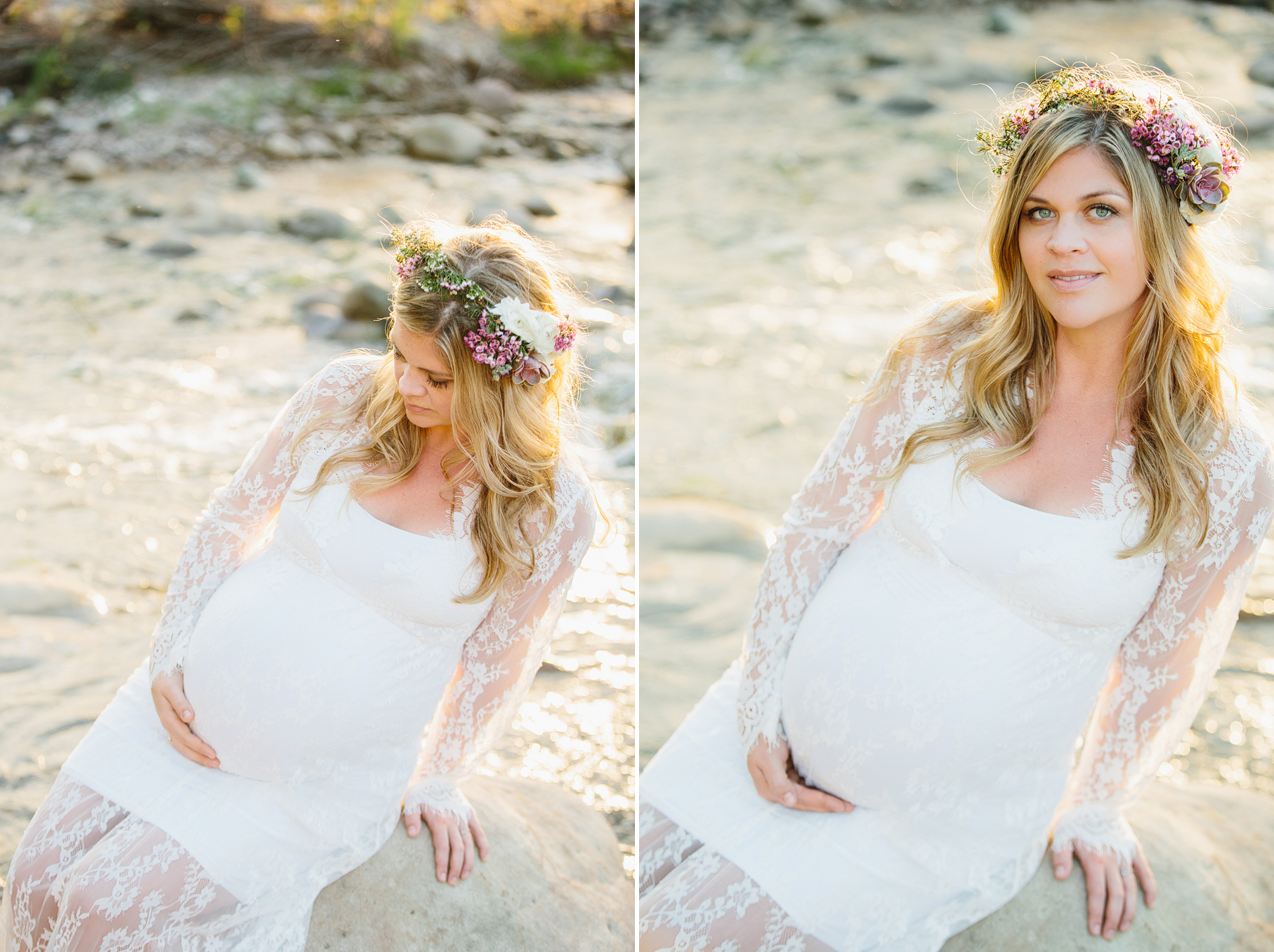 A maternity photography session in california with mother daughter their horse and a creek